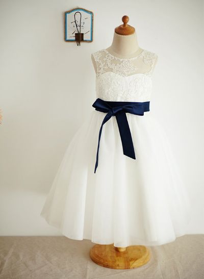 A-line/Princess Illusion Neck Tea-Length Lace Tulle Flower Girl Dress With Sashes