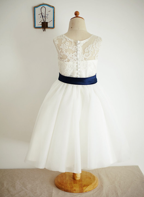 A-line/Princess Illusion Neck Tea-Length Lace Tulle Flower Girl Dress With Sashes