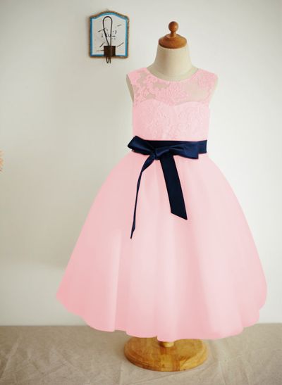 A-Line/Princess Illusion Neck Tea-Length Lace Tulle Flower Girl Dress With Sashes