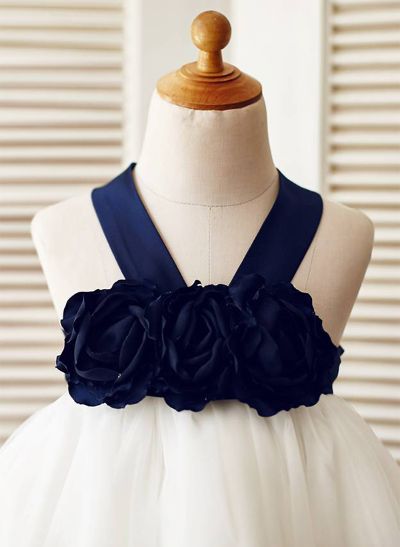 A-line/Princess Halter Knee-Length Satin Tulle Flower Girl Dress With Flowers