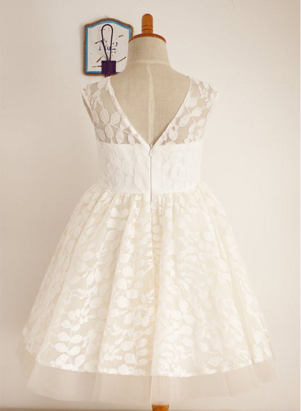 A-line/Princess Scoop Neck Tea-Length Lace Flower Girl Dress