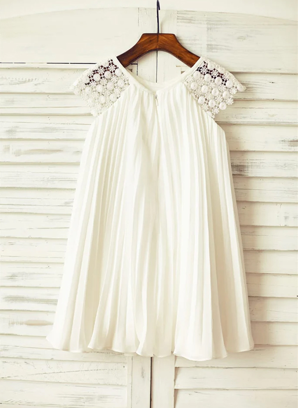 A-line/Princess Scoop Neck Knee-Length Chiffon Lace Flower Girl Dress With Pleated