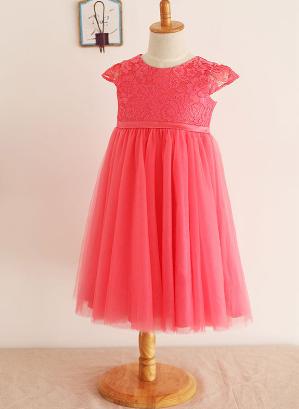 A-line/Princess Scoop Neck Knee-Length Lace Tulle Flower Girl Dress