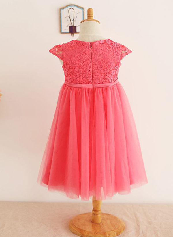 A-line/Princess Scoop Neck Knee-Length Lace Tulle Flower Girl Dress