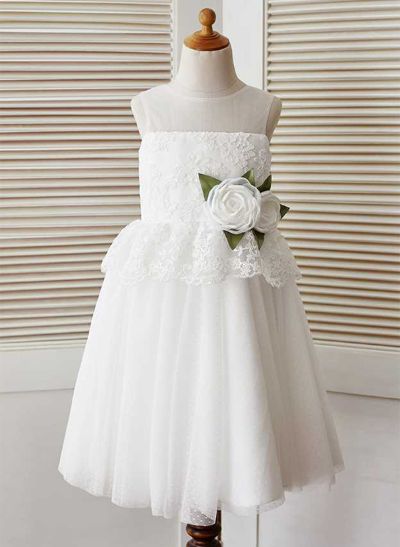 A-line/Princess Scoop Neck Knee-Length Lace Tulle Flower Girl Dress With Flowers