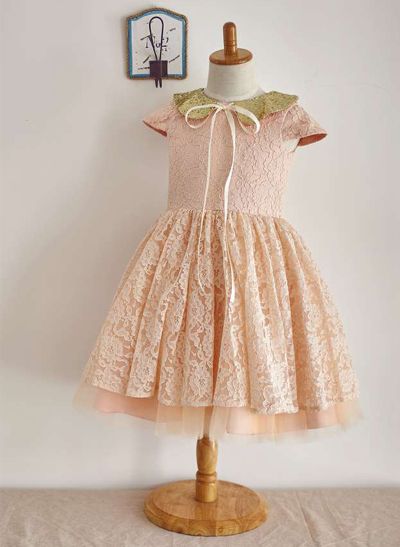 A-line/Princess Scoop Neck Knee-Length Lace Tulle Flower Girl Dress With Sequins