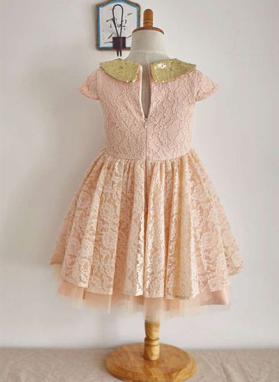 A-line/Princess Scoop Neck Knee-Length Lace Tulle Flower Girl Dress With Sequins