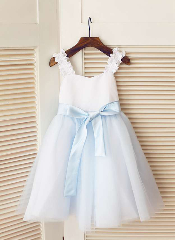 A-Line/Princess Square Neckline Knee-Length Satin Tulle Flower Girl Dress With Sashes