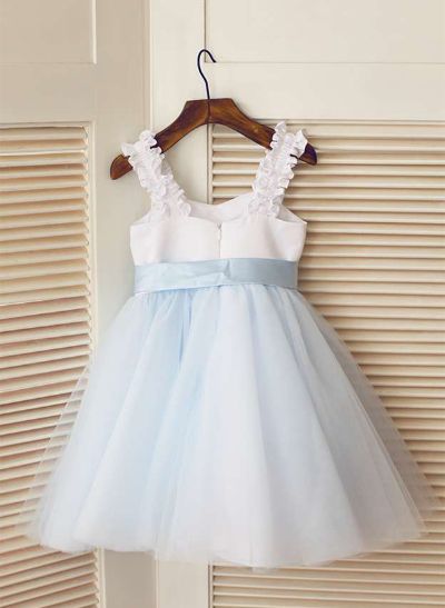 A-Line/Princess Square Neckline Knee-Length Satin Tulle Flower Girl Dress With Sashes