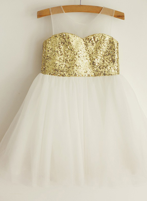 A-line/Princess Illusion Neck Knee-Length Tulle Flower Girl Dress With Sequins