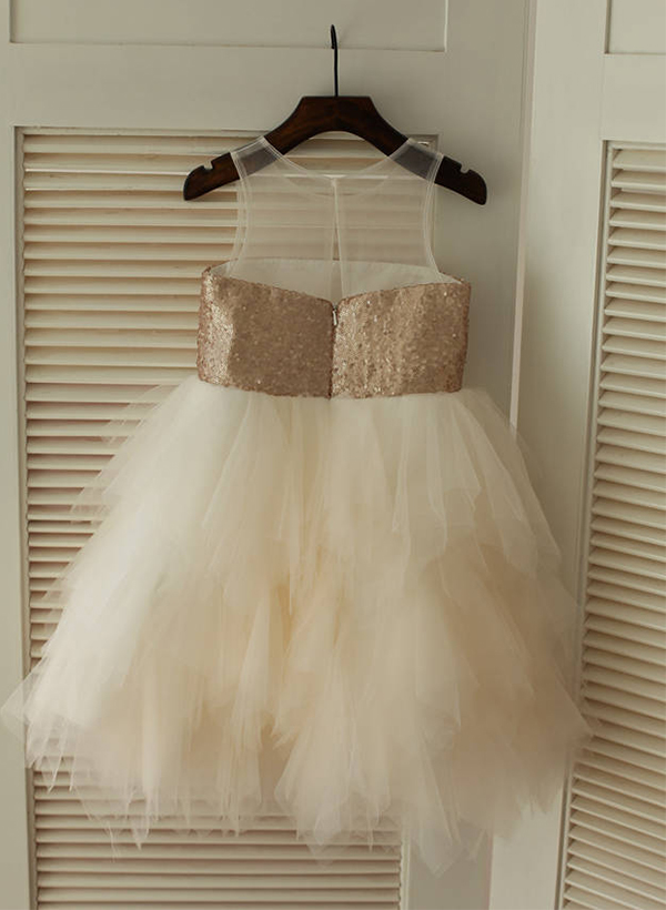 A-Line/Princess Illusion Neck Knee-Length Tulle Sequined Flower Girl Dress