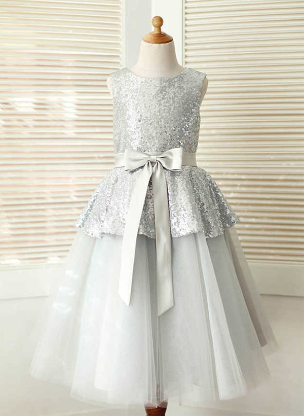 A-line/Princess Scoop Neck Knee-Length Tulle Sequined Flower Girl Dress With Sashes