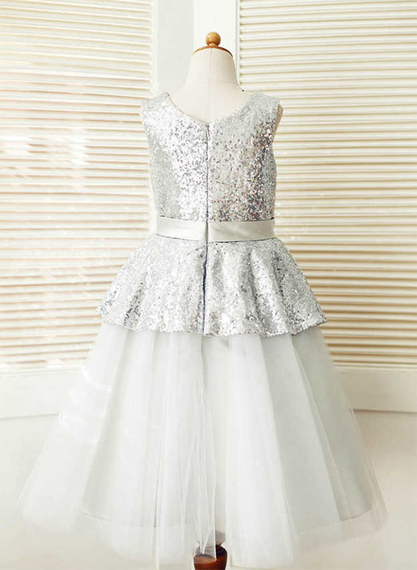 A-line/Princess Scoop Neck Knee-Length Tulle Sequined Flower Girl Dress With Sashes