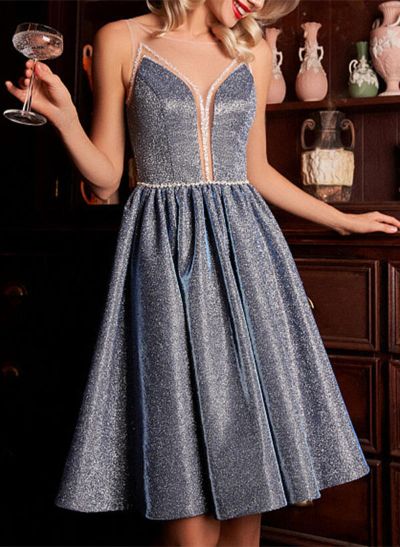 A-Line/Princess Sleeveless Knee-Length V-Neck Jersey Homecoming Dresses with sequins
