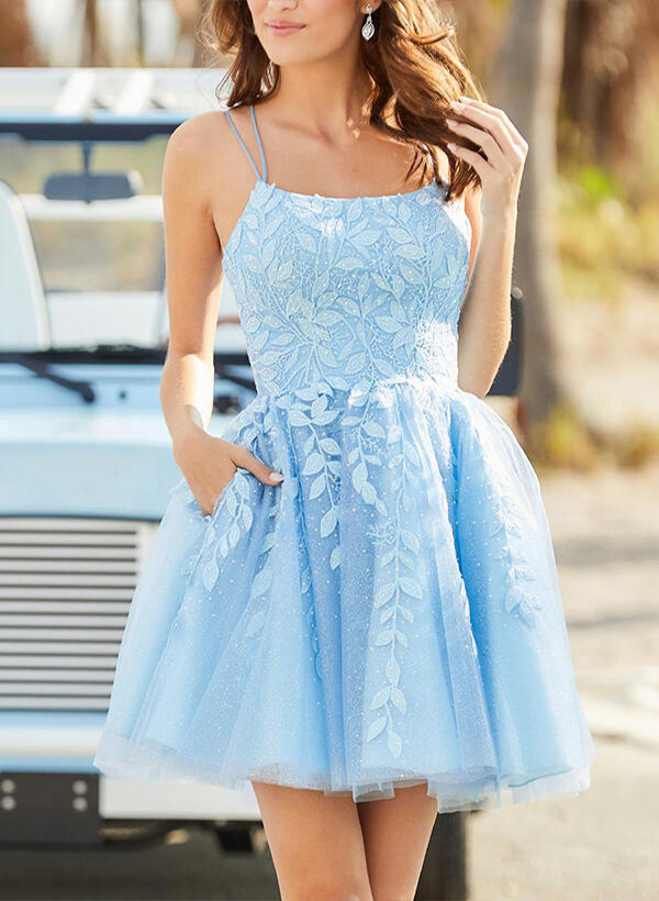 A-Line/Princess Sleeveless Short/Mini Tulle Homecoming Dresses WIth Appliques Lace