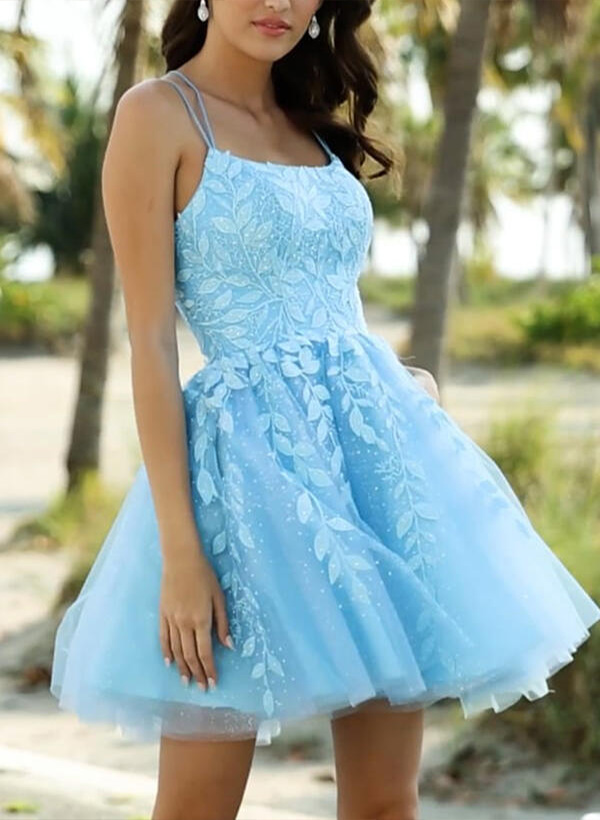 A-Line/Princess Sleeveless Short/Mini Tulle Homecoming Dresses WIth Appliques Lace