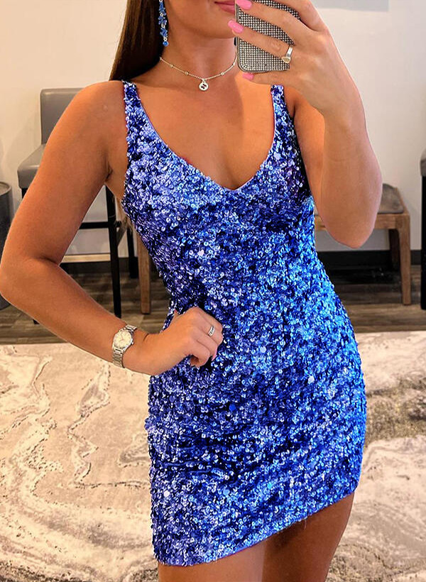 Sheath/Column Sleeveless V-Neck Sequined Short/Mini Homecoming Dresses With Sequins