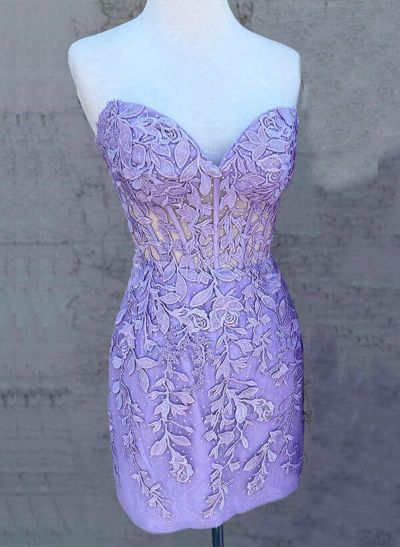 Sheath/Column Sleeveless Strapless Lace Short/Mini Homecoming Dresses With Lace