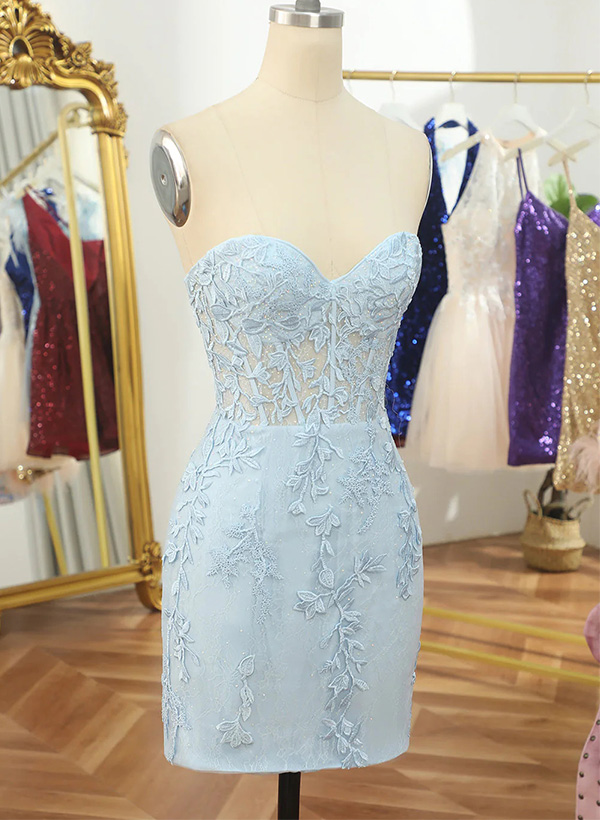 Sheath/Column Sleeveless Strapless Lace Short/Mini Homecoming Dresses With Lace
