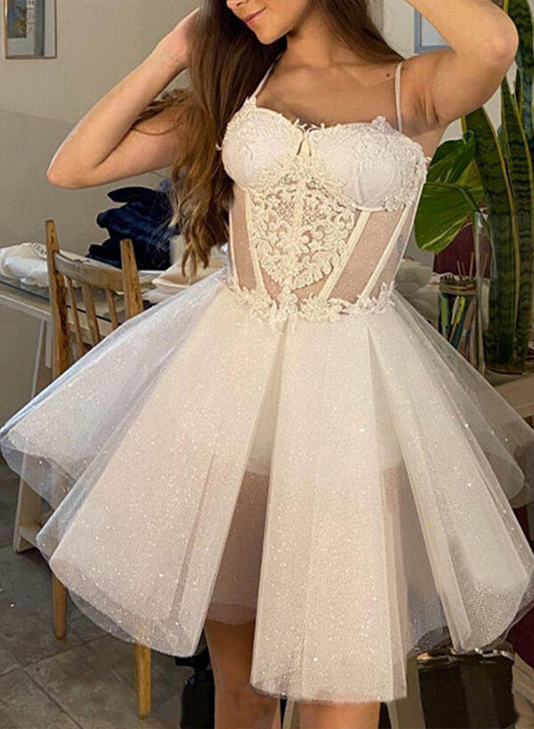 A-Line/Princess Sweetheart Tulle  Sleeveless Short/Mini Homecoming Dresses With Appliques Lace