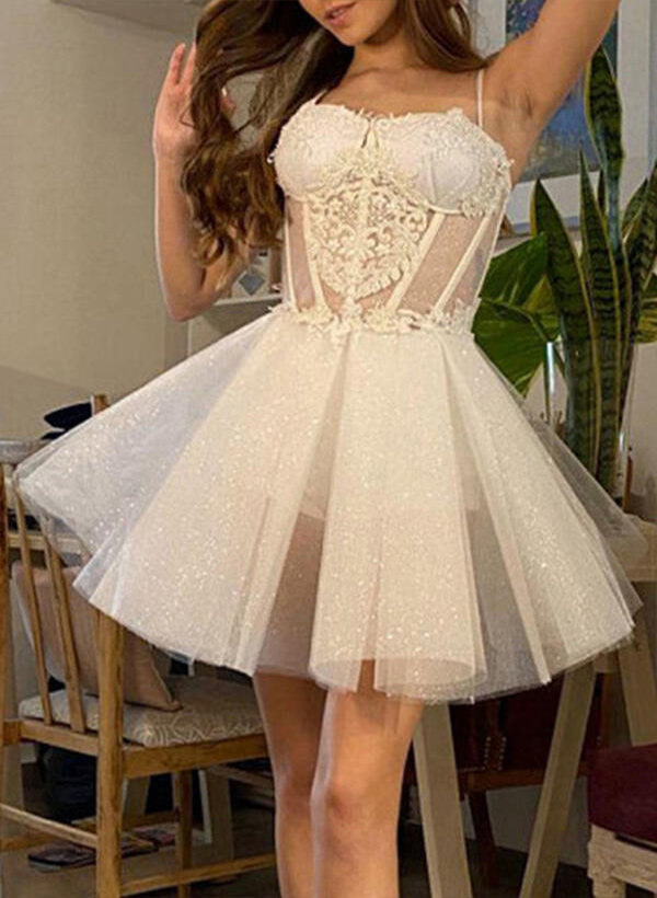 A-Line/Princess Sweetheart Tulle  Sleeveless Short/Mini Homecoming Dresses With Appliques Lace