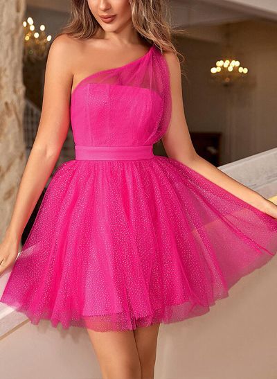 A-Line/Princess One Shoulder Tulle Sleeveless Short/Mini Homecoming Dresses With Pleated