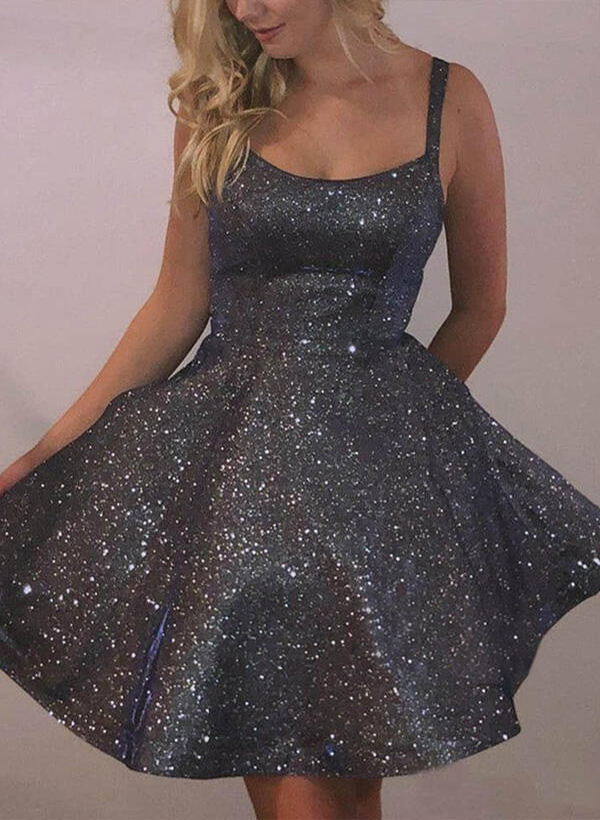 A-Line Square Neckline Sleeveless Sequined Short/Mini Homecoming Dresses With Sequins