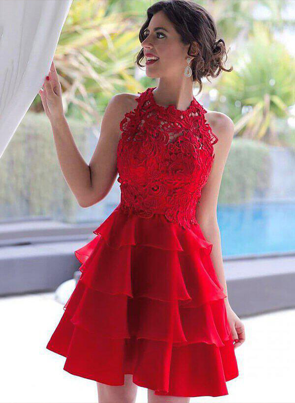 A-Line/Princess Scoop Neck sleeveless  Short/Mini Chiffon Homecoming Dresses With Lace