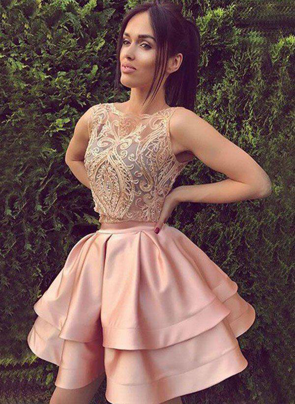A-Line/Princess Scoop Neck sleeveless Satin Short/Mini Homecoming Dress With Lace
