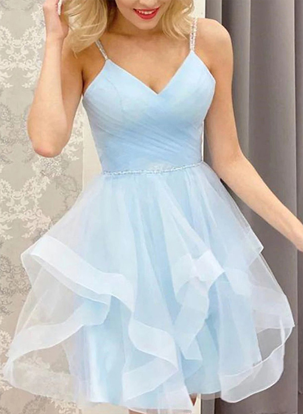 A-line V Neck Sleeveless Tulle Short/Mini Homecoming Dress With Beading Pleated