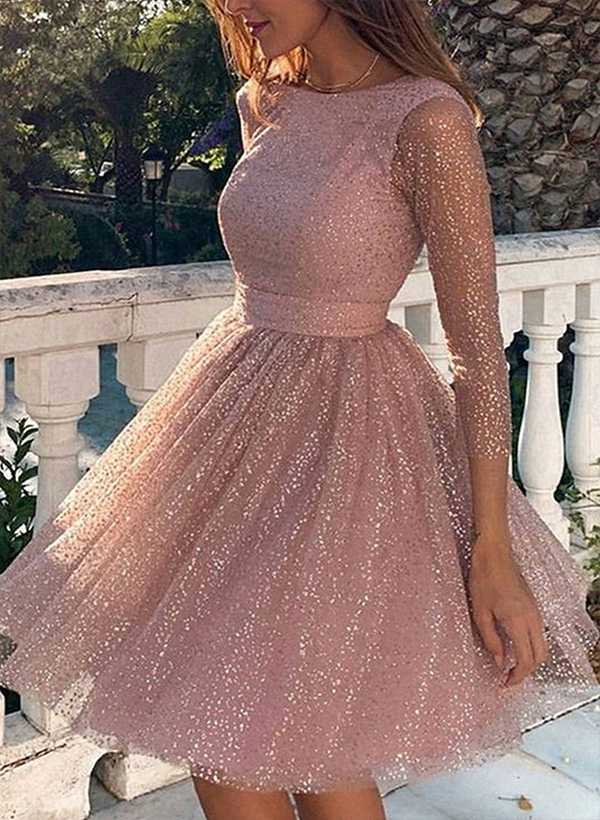 A-line Scoop Neck Long Sleeves Short/Mini Tull Homecoming Dress With Pleated