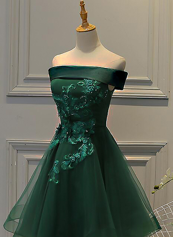 A-line Off-the-Shoulder  short sleeves Tulle Satin Short/Mini Homecoming Dress With Appliques Lace Beading