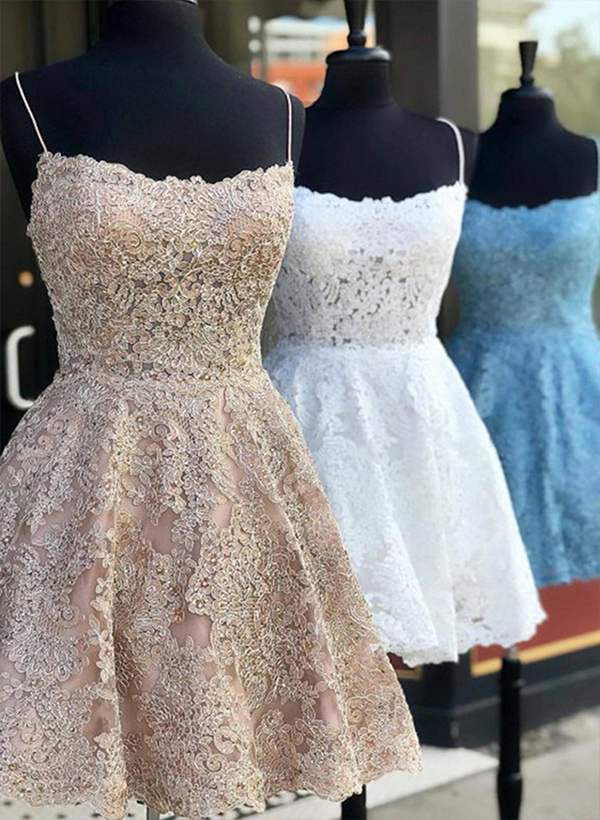 A-line Scoop Neck Sleeveless Lace Short/Mini Homecoming Dresses With Lace
