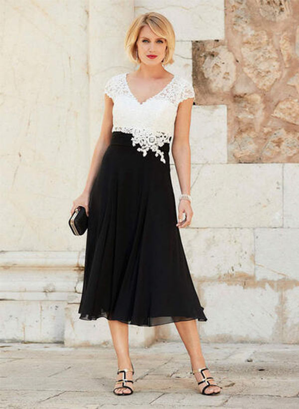 A-Line V-Neck Tea-Length Chiffon Mother of the Bride Dresses With Appliques Lace