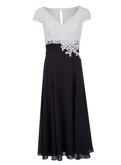 A-Line V-Neck Tea-Length Chiffon Mother of the Bride Dresses With Appliques Lace