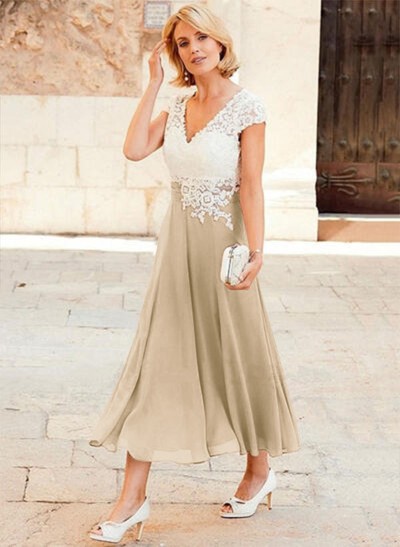 A-Line V-Neck Tea-Length Chiffon Mother Of The Bride Dresses With Appliques Lace