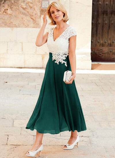 A-Line V-Neck Tea-Length Chiffon Mother Of The Bride Dresses With Appliques Lace
