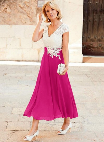 A-Line V-Neck Tea-Length Chiffon Mother Of The Bride Dresses With Appliques Lace