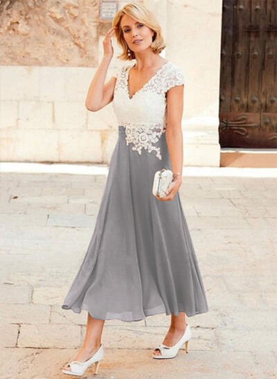 A-Line V-Neck Tea-Length Chiffon Mother Of The Bride Dresses With Appliques Lace