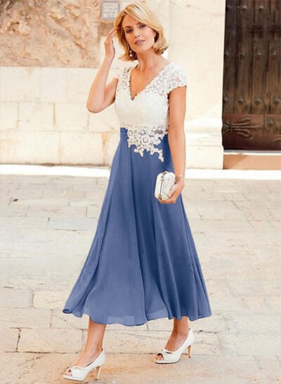 A-Line V-Neck Tea-Length Chiffon Mother Of The Bride Dresses With Appliques Lace