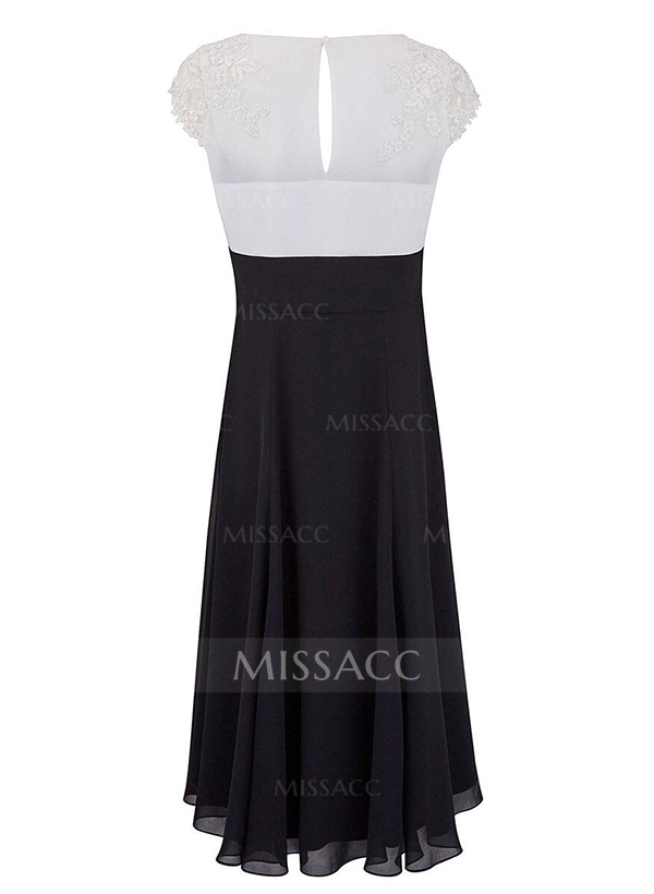 A-Line V-Neck Tea-Length Chiffon Mother Of The Bride Dresses With Appliques Lace