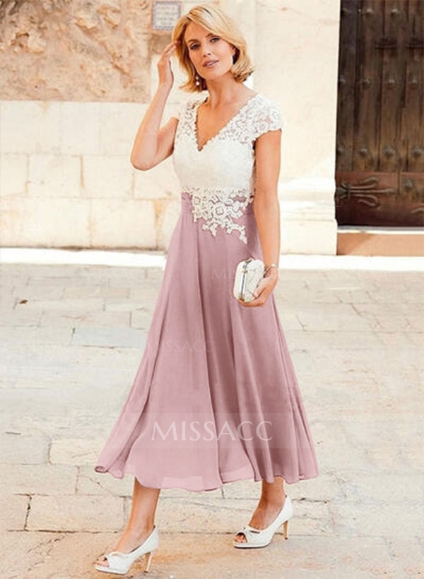 A-Line V-Neck Tea-Length Chiffon Mother Of The Bride Dresses With Appliques Lace