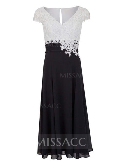 A-Line V-Neck Tea-Length Chiffon Mother Of The Bride Dresses With Appliques Lace