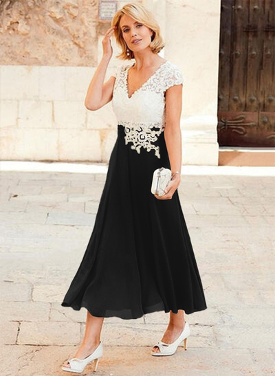 A-Line V-Neck Tea-Length Chiffon Mother Of The Bride Dresses With Appliques Lace