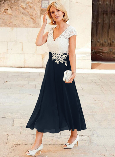 A-Line V-Neck Tea-Length Chiffon Mother Of The Bride Dresses With Appliques Lace