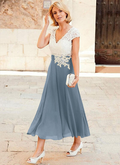 A-Line V-Neck Tea-Length Chiffon Mother Of The Bride Dresses With Appliques Lace