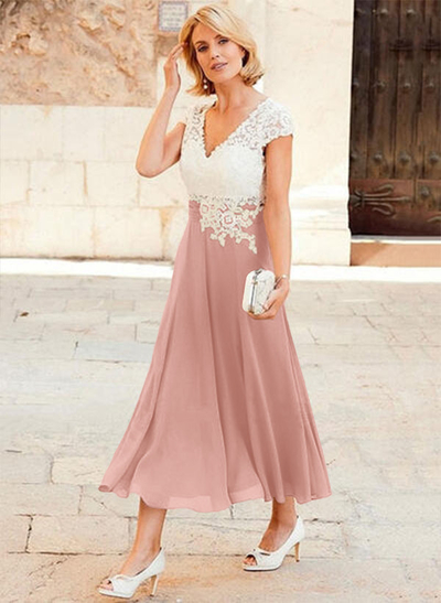 A-Line V-Neck Tea-Length Chiffon Mother Of The Bride Dresses With Appliques Lace