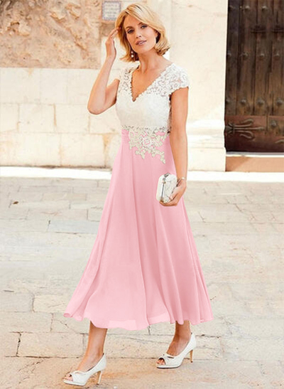 A-Line V-Neck Tea-Length Chiffon Mother Of The Bride Dresses With Appliques Lace