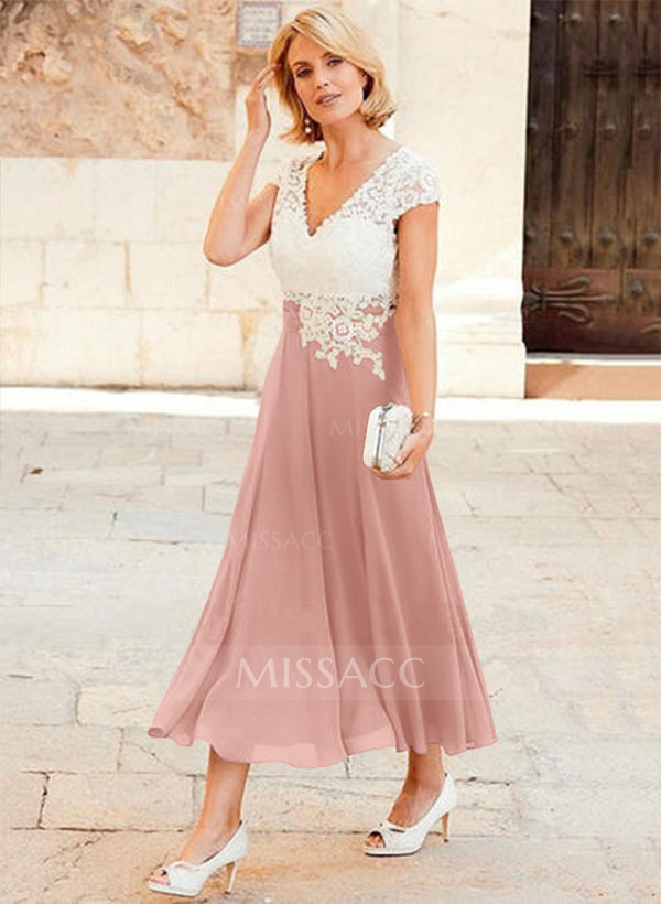 A-Line V-Neck Tea-Length Chiffon Mother Of The Bride Dresses With Appliques Lace