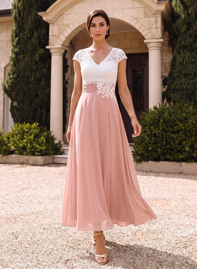 A-Line V-Neck Midi Chiffon Mother of the Bride Dresses with Lace Appliqué